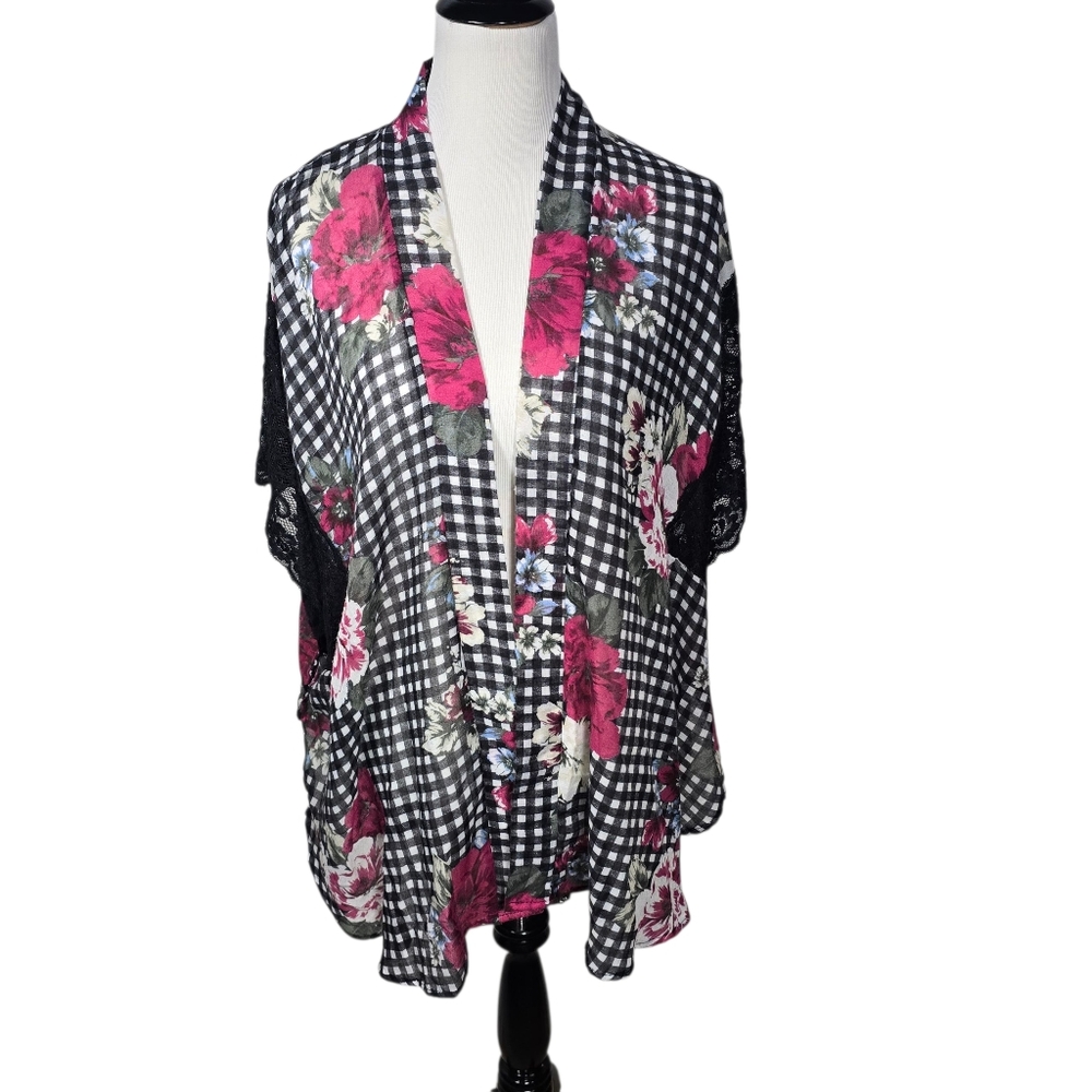 Mixit One Size OS Black White and Pink Floral Lace Checkered Kimono Duster Wrap